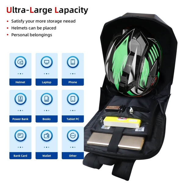 Gelrova LED Motorcycle Backpack - Knight Series showcasing ultra-large capacity for helmets, laptops, and personal belongings.