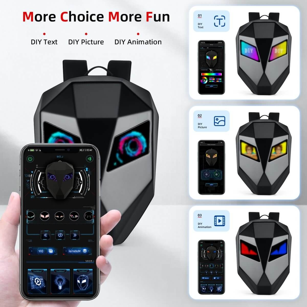 Gelrova LED Motorcycle Backpack - Knight Series customizable LED display options and smartphone control.
